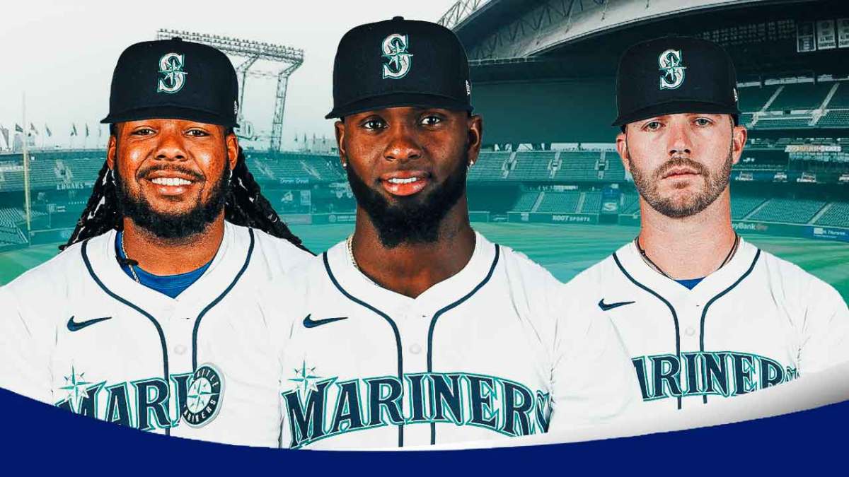 Vladimir Guerrero Jr., Luis Robert Jr. and Pete Alonso in Seattle Mariners uniforms, each with a big green question mark over them as they may end up with the Mariners in a trade