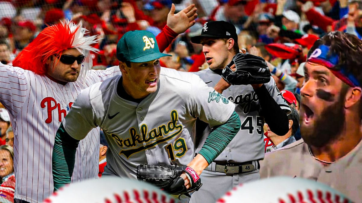 Philadelphia Phillies fans cheering - Oakland A's pitcher Mason Miller, Chicago White Sox pitcher Garrett Crochet - Bryce Harper