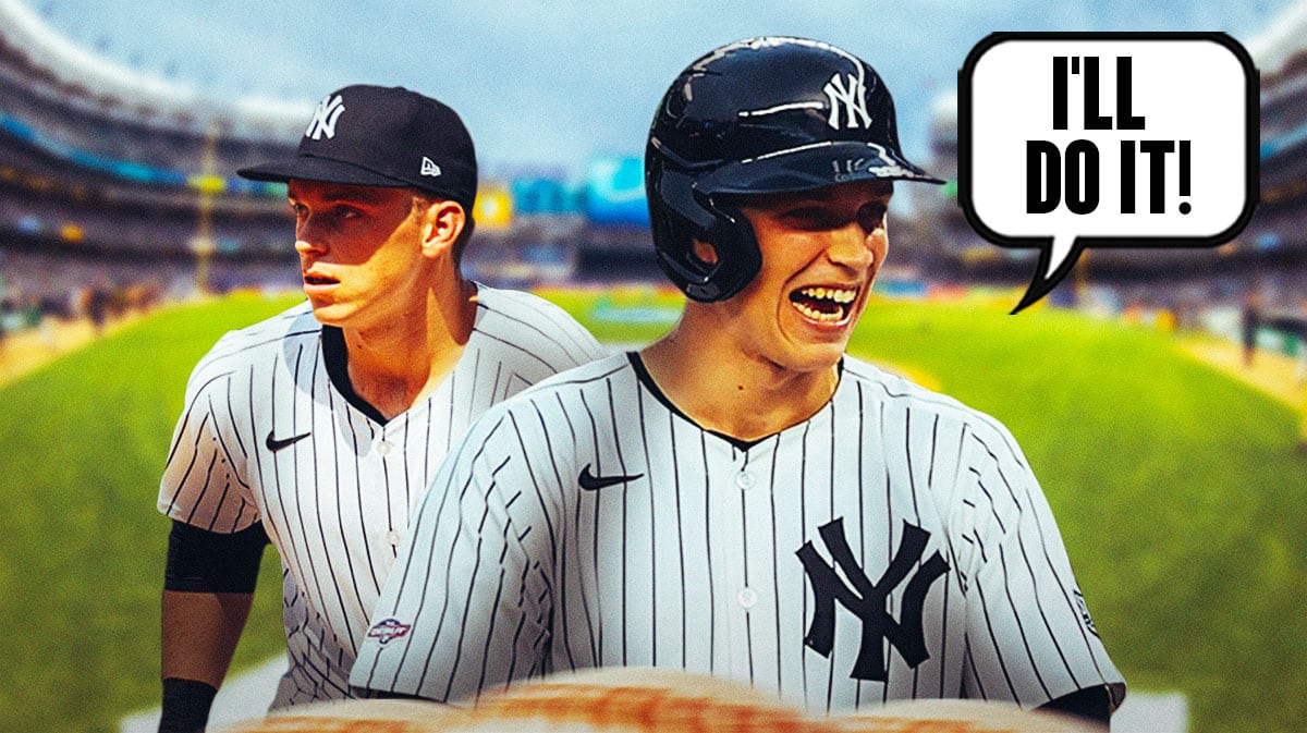 Photo: Ben Rice laughing in Yankees jersey saying "I'll do it!"