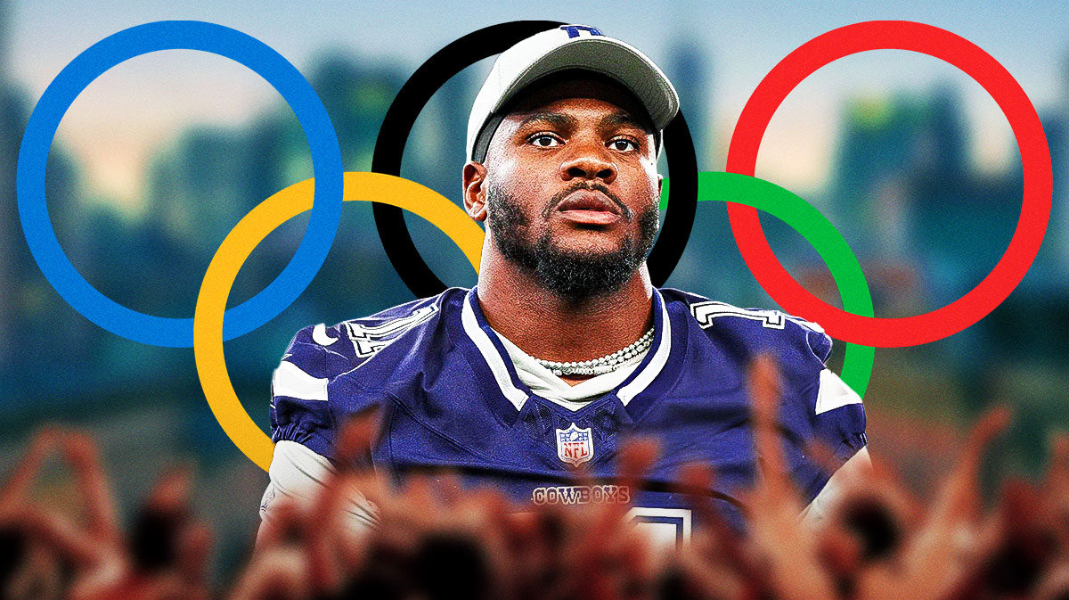 Dallas Cowboys player Micah Parsons in front of the Olympics rings logo