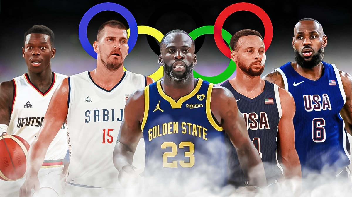 Germany's Dennis Schroer, Serbia's Nikola Jokic, Warriors' Draymond Green, and Team USA's Stephen Curry and LeBron James