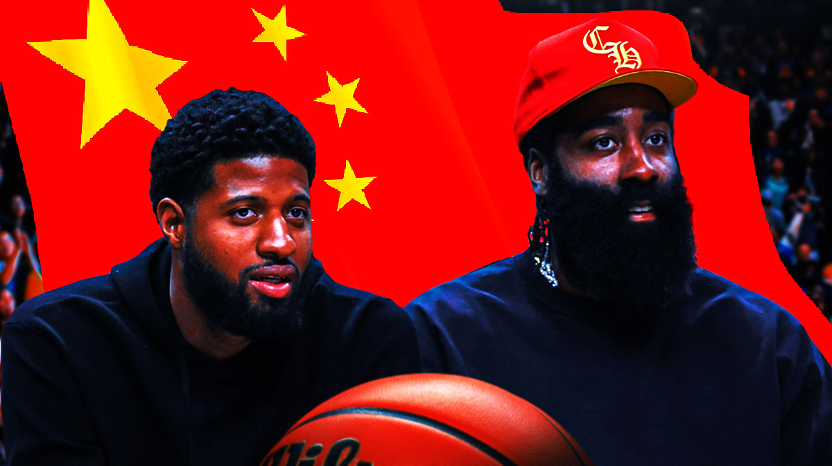 James Harden and Paul George smiling on a basketball court with a picture of the Chinese flag next to them