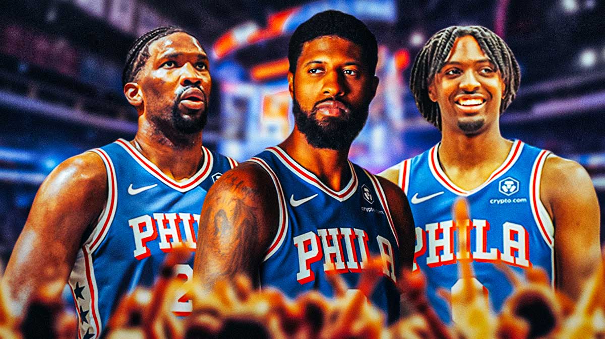 76ers' Paul George, Joel Embiid, and Tyrese Maxey