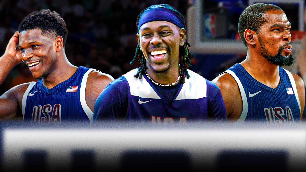 Team USA's Jrue Holiday laughing alongside Anthony Edwards and Kevin Durant