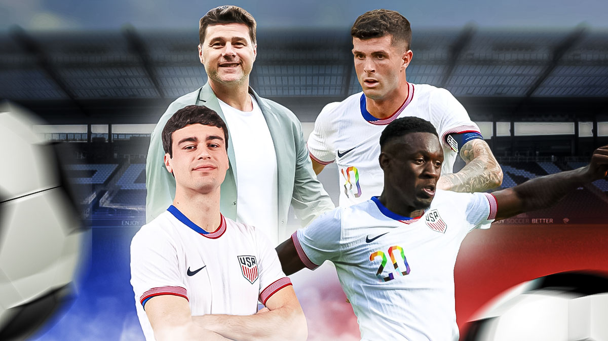 US Men's National Soccer Team head coach Mauricio Pochettino on top left, US Men's National Soccer Team forward Christian Pulisic on top right, US Men's National Soccer Team midfielder Gio Reyna on bottom left, US Men's National Soccer Team forward Folarin Balogun on bottom right, Children's Mercy Park (home stadium of Sporting KC) in background