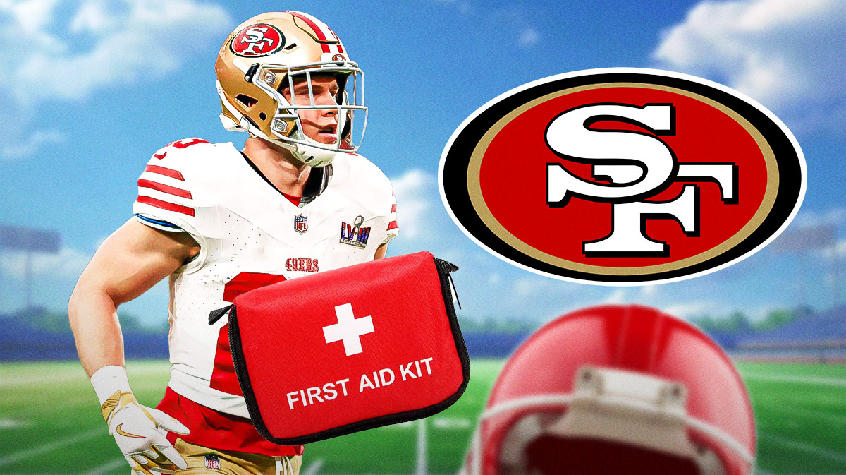 Image: Christian McCaffrey in image looking stern, first aid kit, SF 49ers logo, football field in background