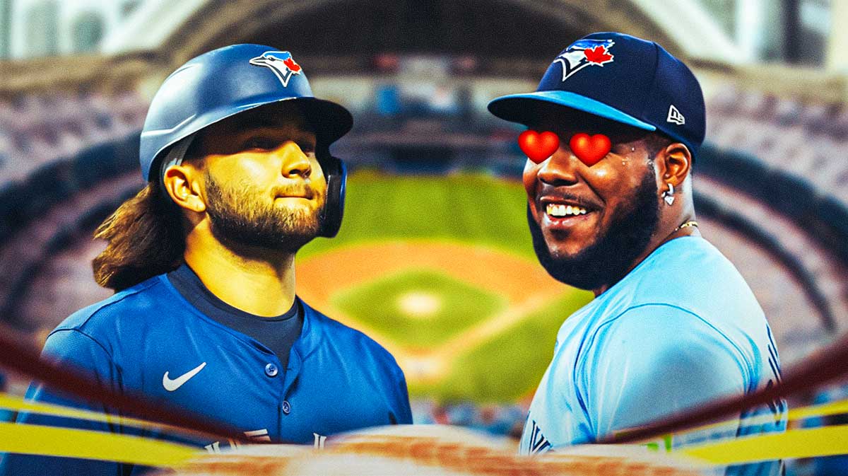 Photo: Bo Bichette looking at Vladimir Guerrero Jr with heart eyes, both in Blue Jays jerseys