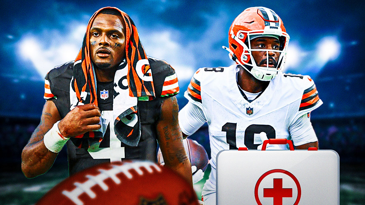 Photo: David Bell beside Deshaun Watson, both in Browns jerseys, medical kit beside Bell