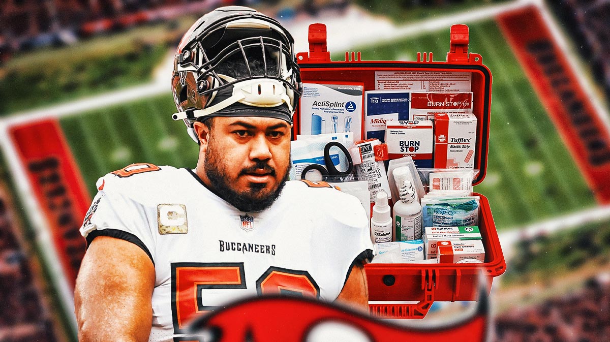 Photo: Vita Vea in Buccaneers jersey with medical kit beside him