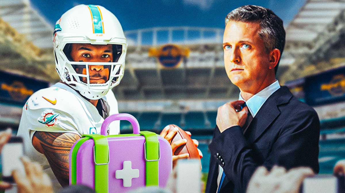 Podcast host Bill Simmons looking angry, with a picture of Miami Dolphins quarterback Tua Tagovailoa with first-aid kits around him.