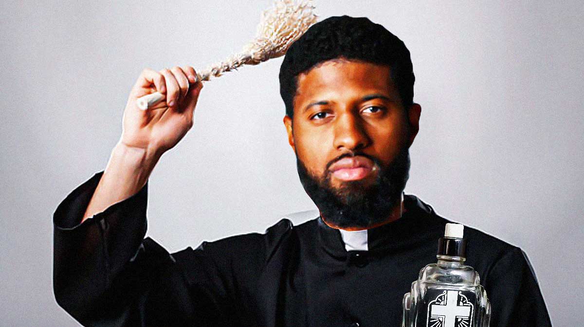 76ers' Paul George wearing a priest attire while holding a bottle of holy water