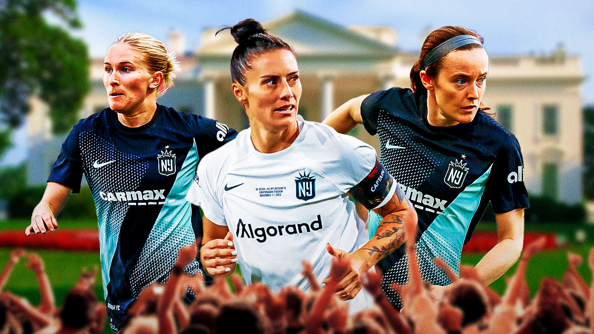 Women's soccer/NWSL Gotham FC player Ali Krieger, Gotham FC player Rose Lavelle and Gotham FC player Jenna Nighswonger in front of the United States White House