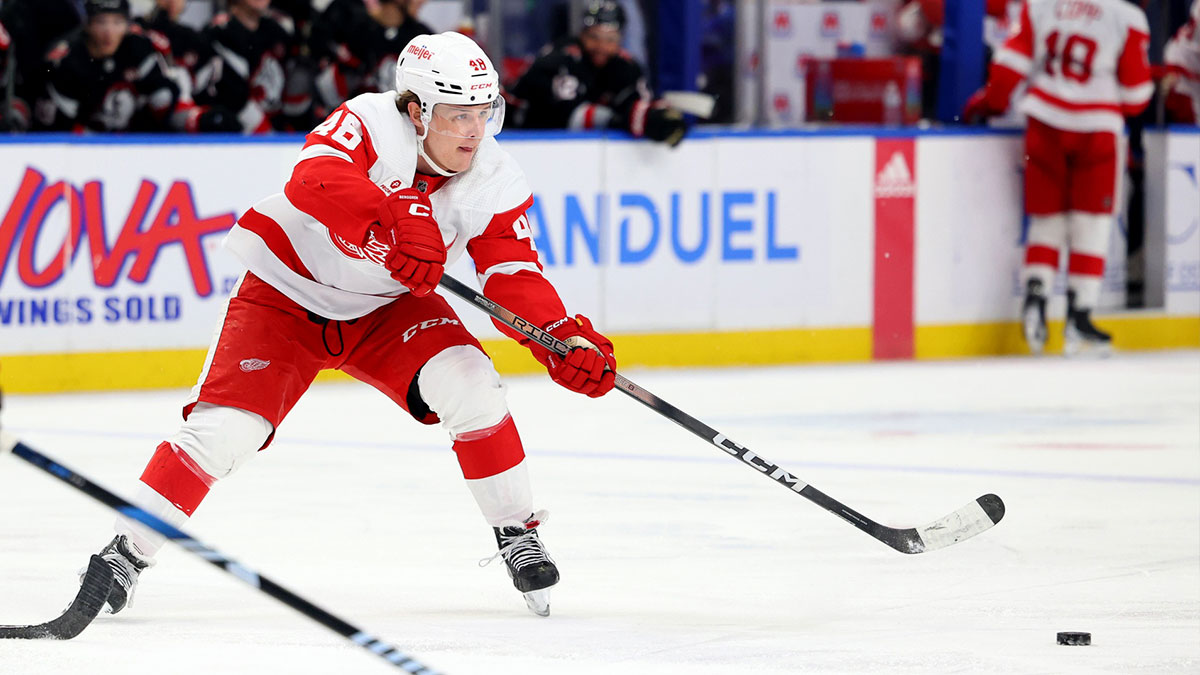 Detroit Red Wings right wing Jonatan Berggren (48) makes a pass during the third period against the Buffalo Sabres at KeyBank Center.