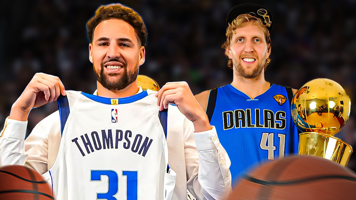 Mavericks Klay Thompson in front smiling. Place 2011 Dirk Nowitzki holding the NBA Finals trophy in background.