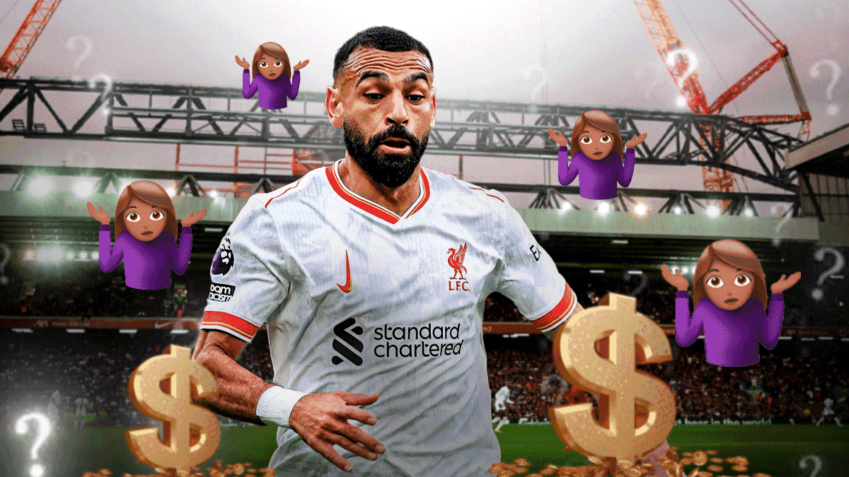 Liverpool Mohamed Salah surrounded by question marks and dollar signs and shrug emojis 🤷