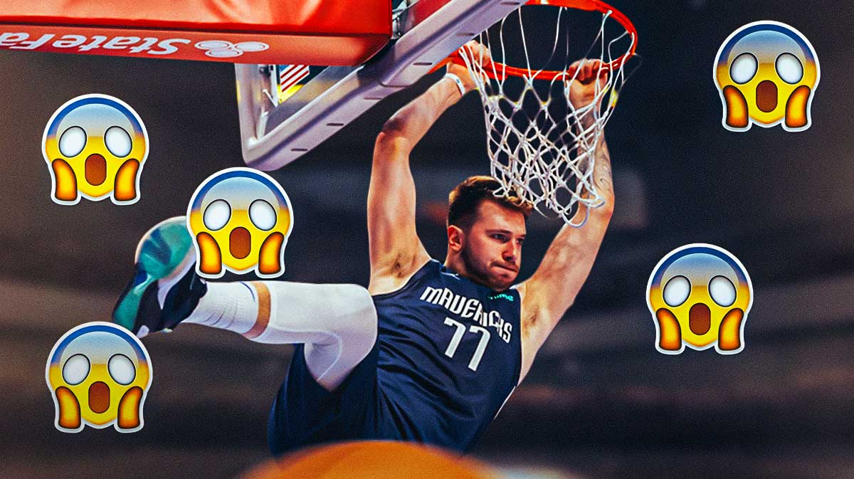 Mavericks Luka Doncic dunking a basketball. Place the shocked emoji all over image.