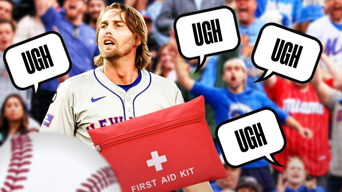 Image: Jeff McNeil on one side with an injury kit in front of him, a bunch of New York Mets fans on the other side with a speech bubble that says "Ugh"