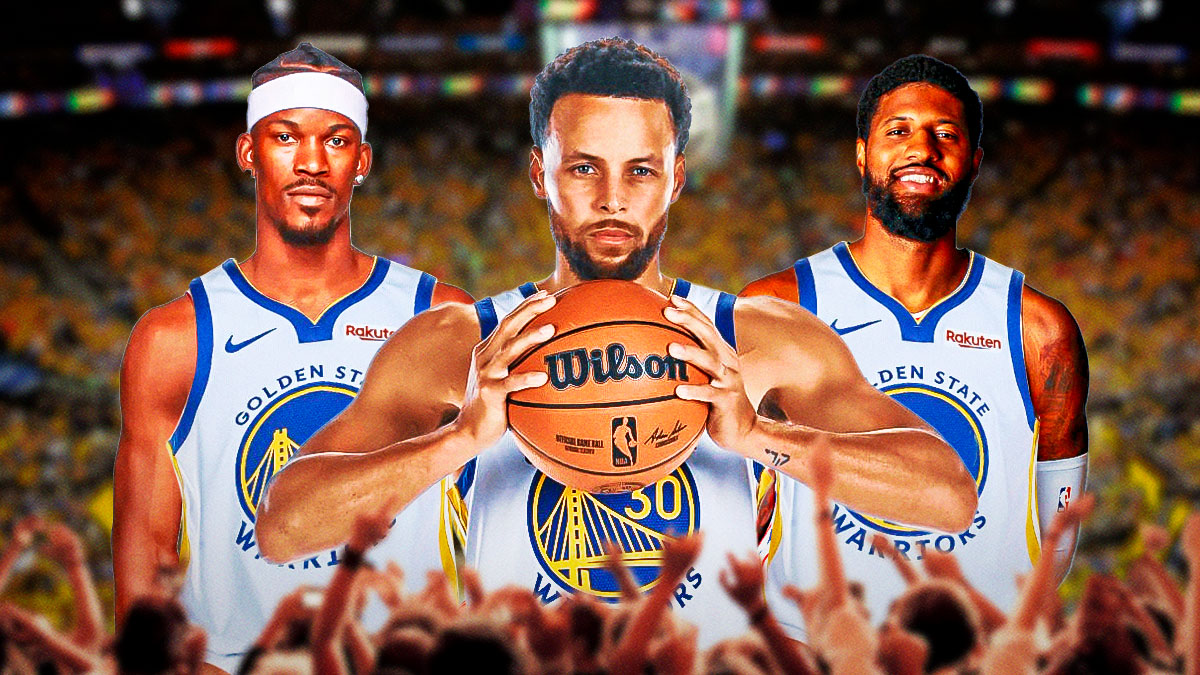 Jimmy Butler and Paul Geoge, both in Warriors uniforms, next to Steph Curry with a Warriors-themed BG.