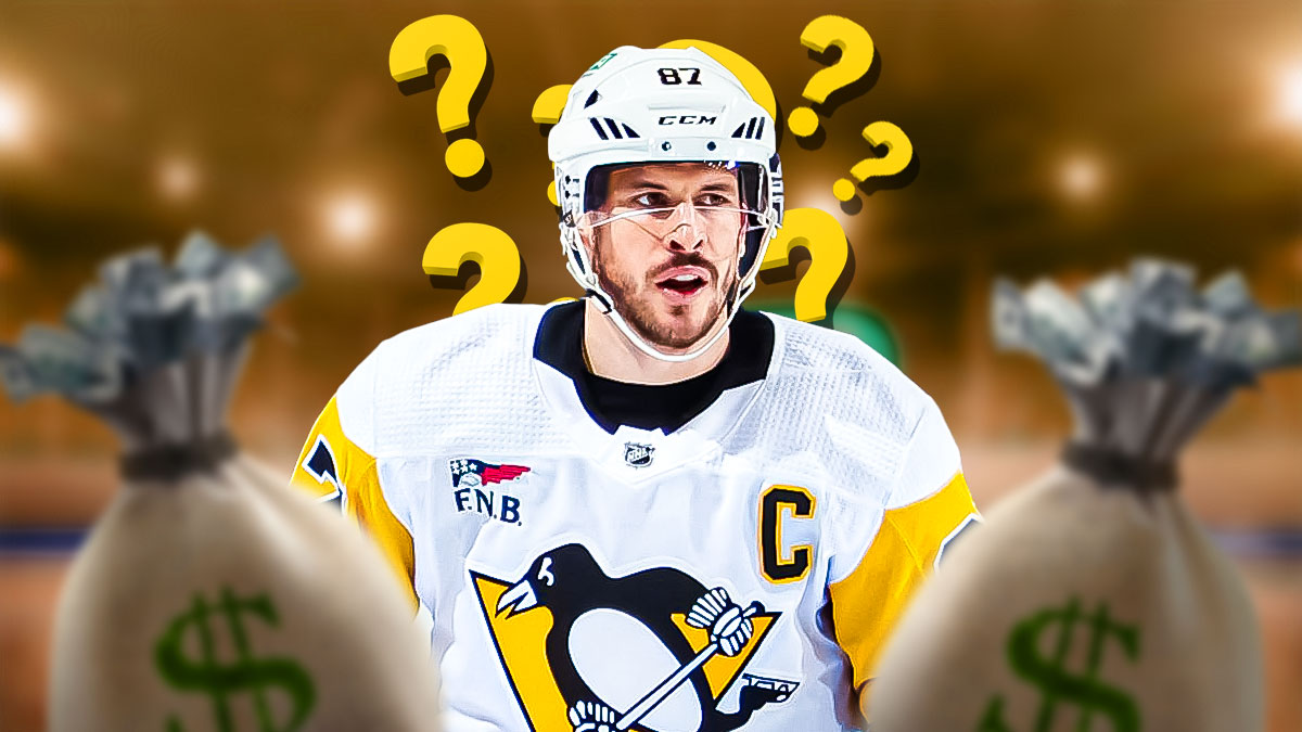 Photo: Sidney Crosby in Penguinsn jersey with question marks above him, bag of money behind him