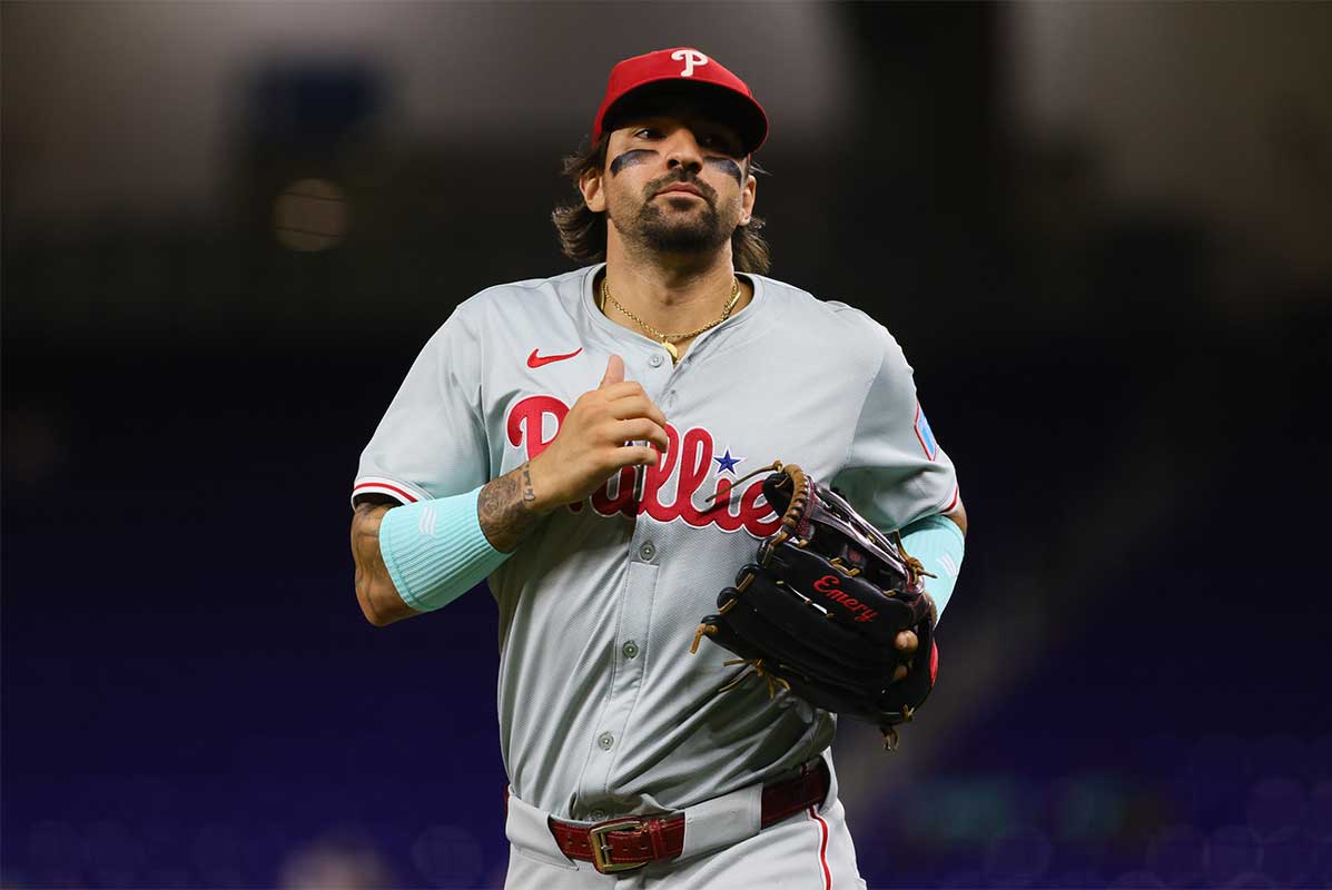 Philadelphia Phillies right fielder Nick Castellanos (8)) returns to the dugout against the Miami Marlins during the eighth inning at loanDepot Park.