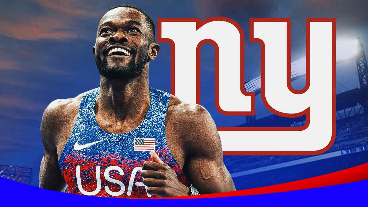 Track and field star Rai Benjamin next to Giants logo, Malik Nabers