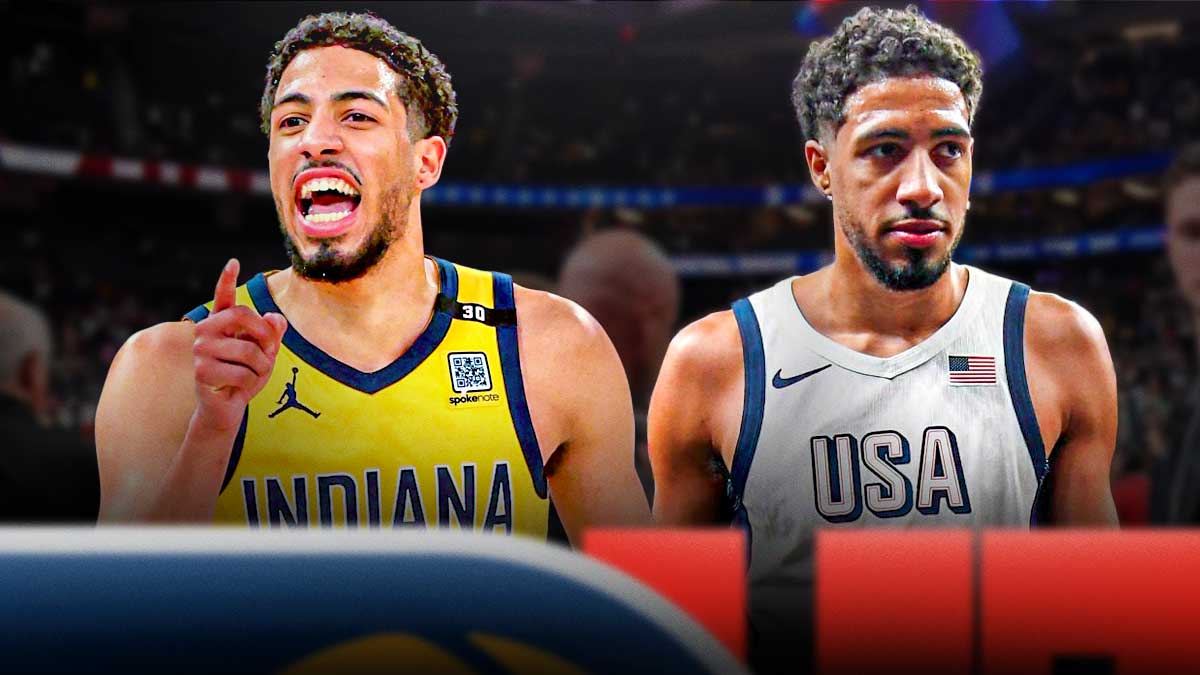 Tyrese Haliburton with a Team USA jersey and Tyrese Haliburton with a Pacers jersey.