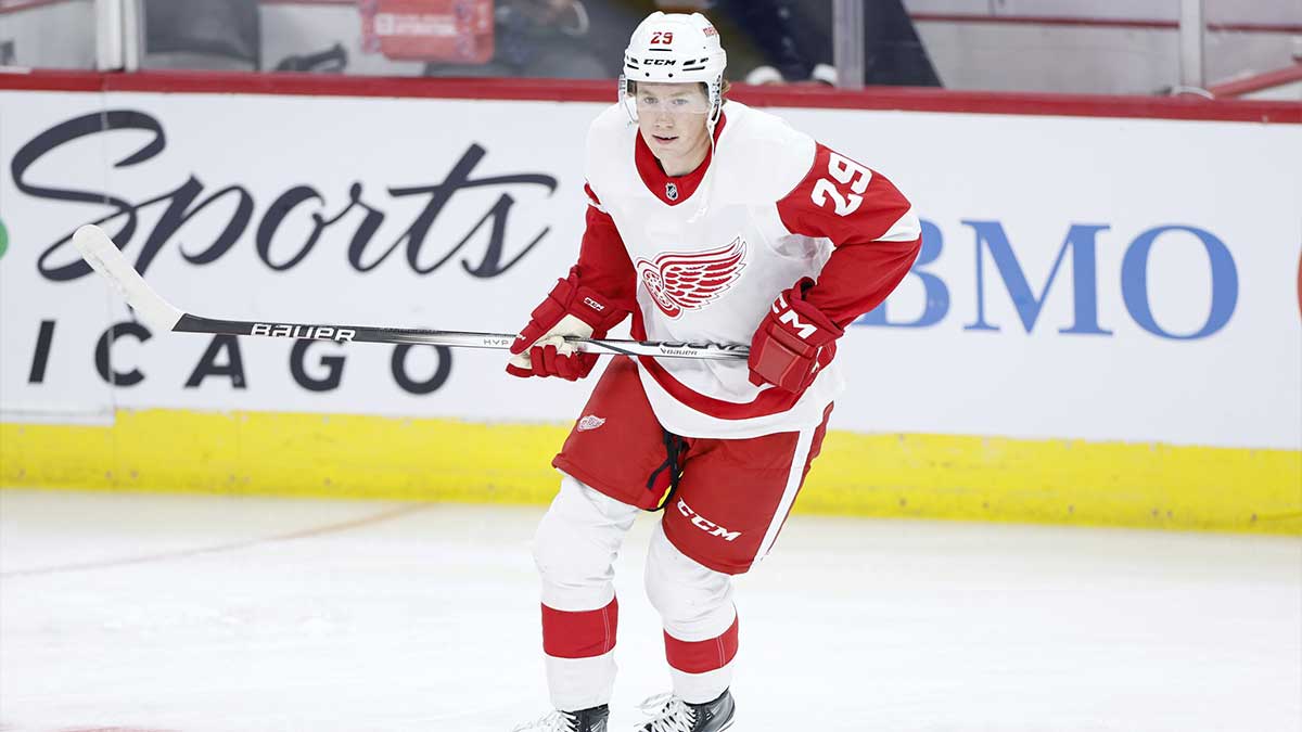 Detroit Red Wings forward Nate Danielson warms up before a preseason hockey game against the Chicago Blackhawks at United Center.