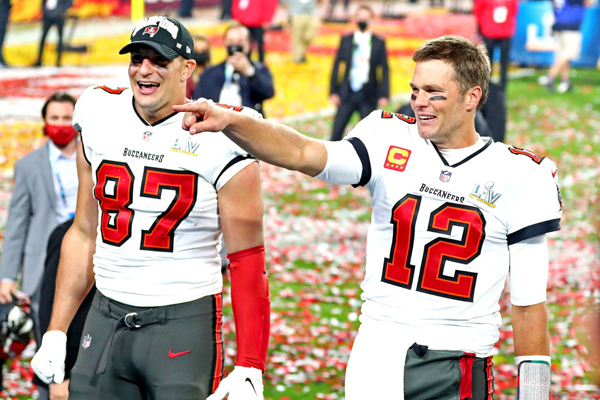 Feb 7, 2021; Tampa, FL, USA; Tampa Bay Buccaneers quarterback Tom Brady (12) and tight end Rob Gronkowski (87) celebrate after beating the Kansas City Chiefs in Super Bowl LV at Raymond James Stadium.