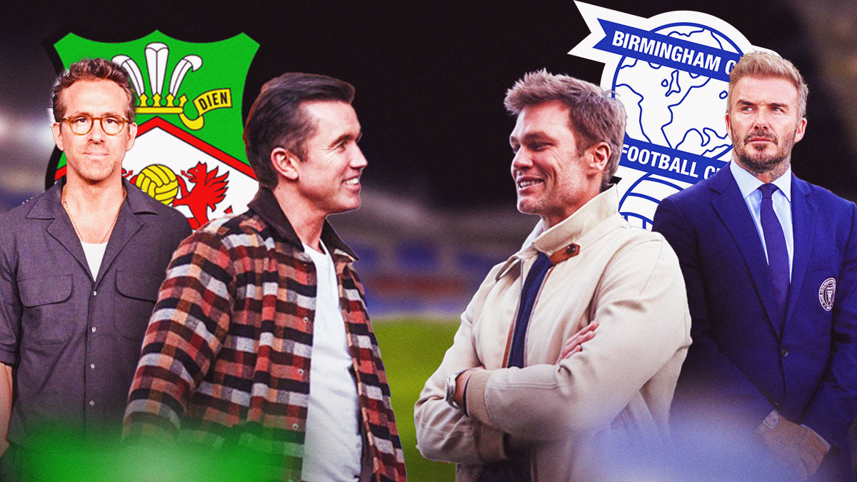 Tom Brady and David Beckhamwith a Birmingham City logo background on one side facing Rob McElhenney and Ryan Reynolds with a Wrexham AFC logo background.