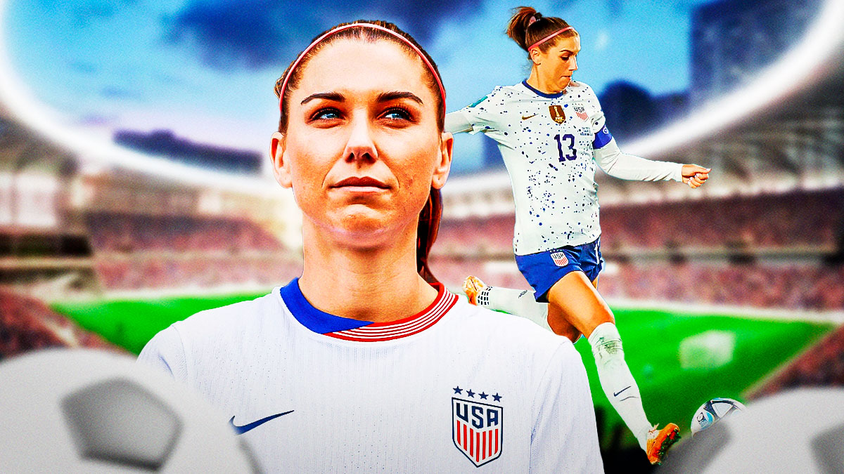 Alex Morgan in a USA women's national team jersey in background kicking a soccer ball. In front, Alex Morgan looking serious.