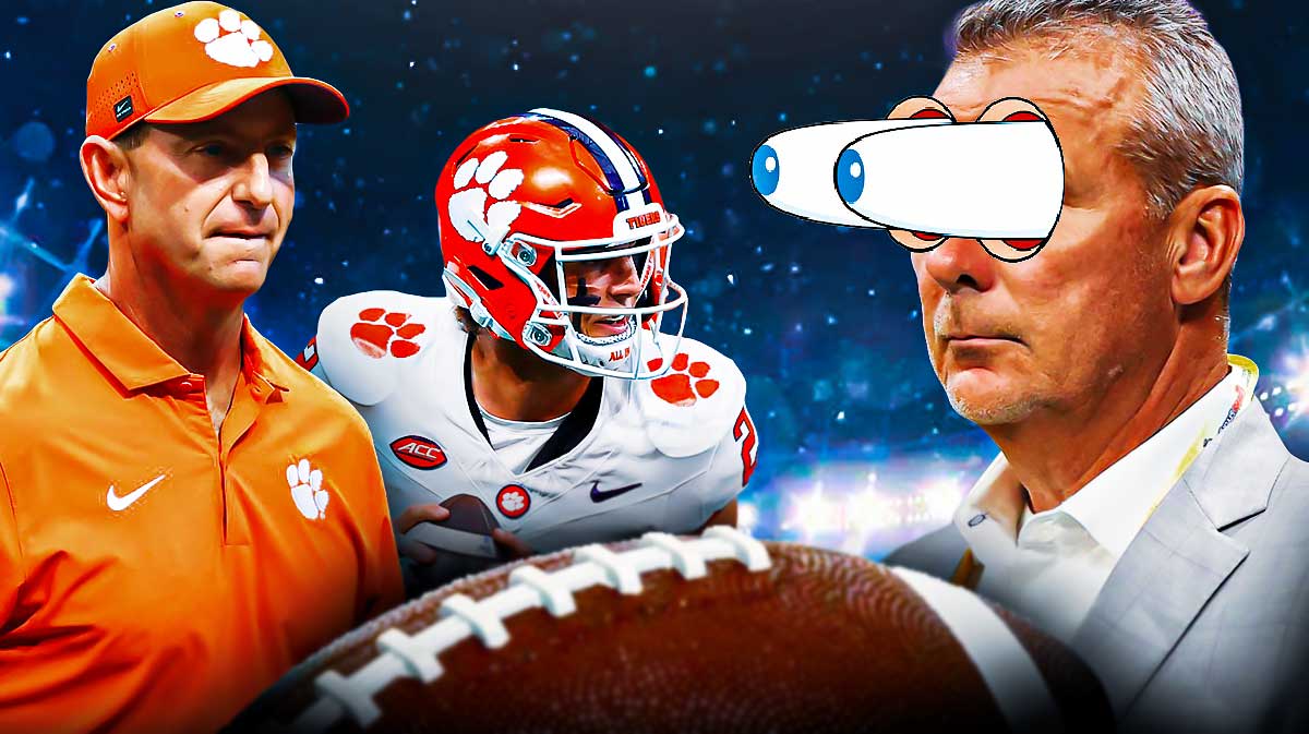 Photo: Cade Klubnik, Dabo Swinney in Clemson football gear, Urban Meyer with peeping eyes looking at them