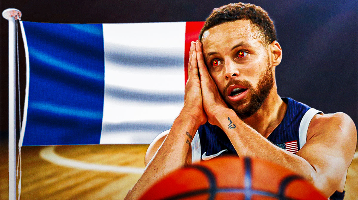 Warriors star Stephen Curry in a Team USA uniform with devil eyes next to a French flag