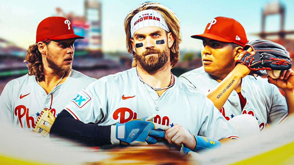 Philadelphia Phillies players Bryce Harper (middle), Alec Bohm and Ranger Suarez