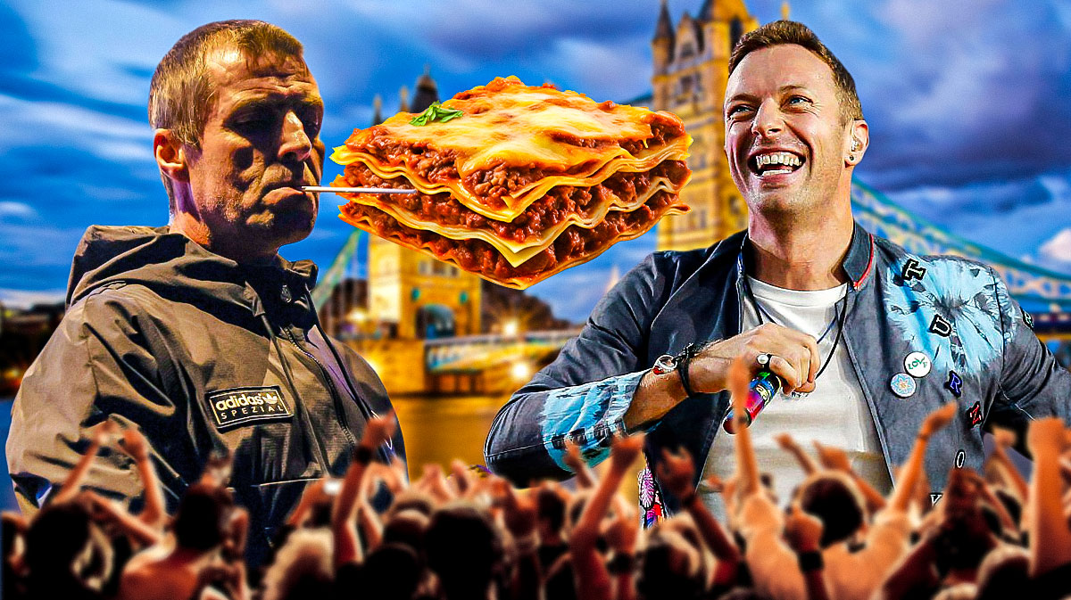 Oasis lead singer Liam Gallagher with Coldplay lead singer Chris Martin and lasagna with London, England, background.