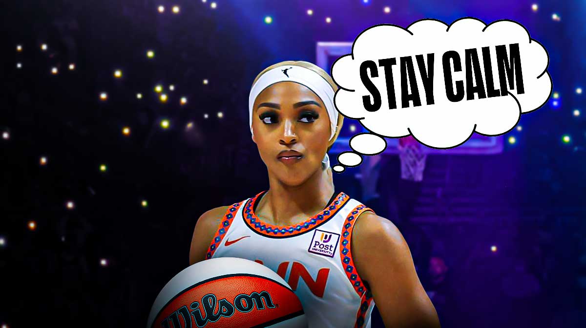 Connecticut Sun guard DiJonai Carrington looking defeated with a thought bubble that says "Stay calm" and a background of the WNBA Playoffs.