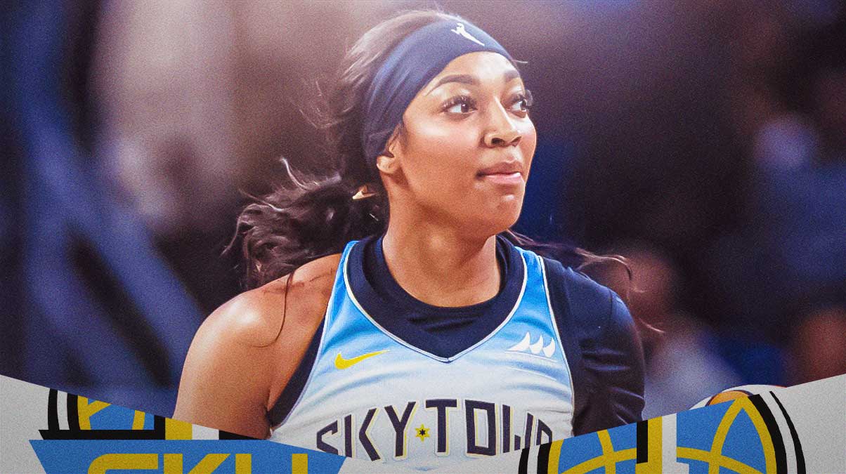 Chicago Sky player Angel Reese with the Chicago Sky logo in the background, rebounding WNBA rookie season