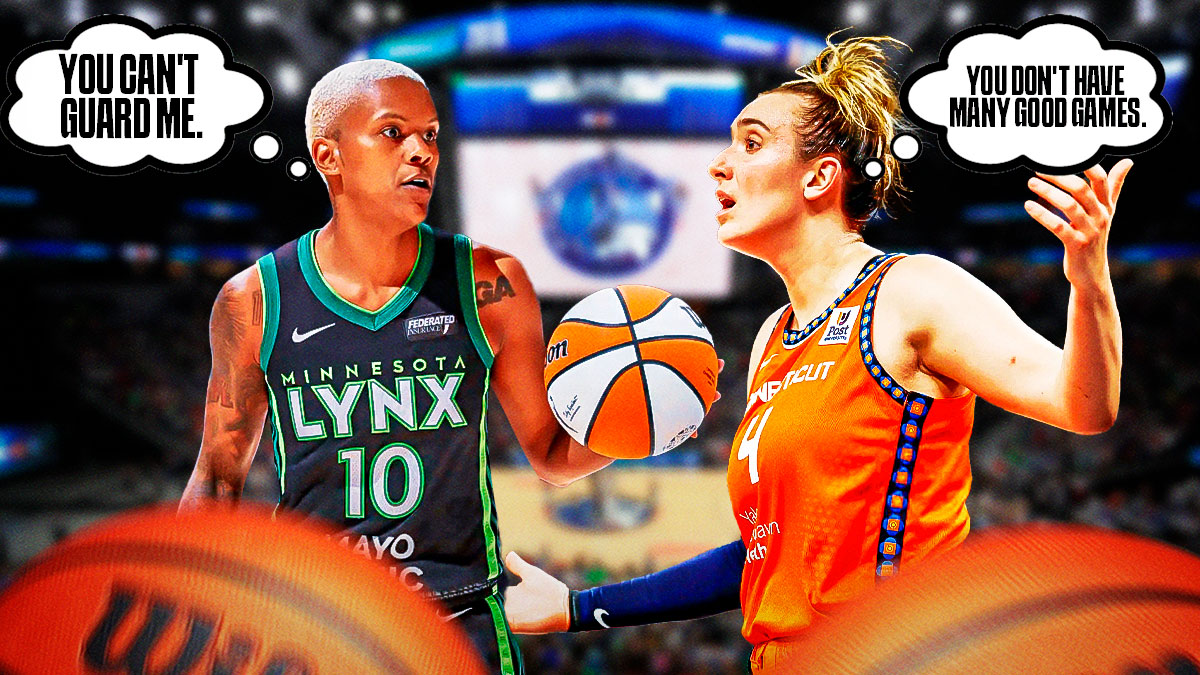 Minnesota Lynx guard Courtney Williams with a thought bubble that says "You can't guard me." Next to her, is Connecticut Sun guard Marina Mabrey with a thought bubble that says "You don't have many good games."