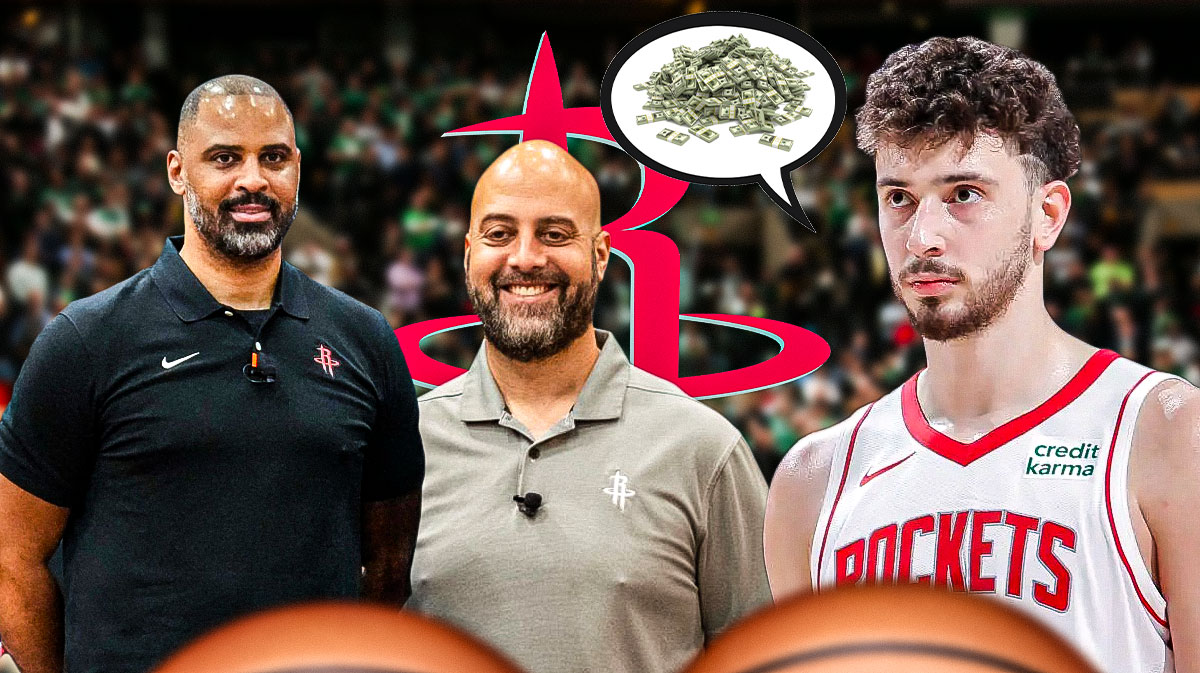 Rockets' Alperen Sengun thinking about money next to Ime Udoka and Rafael Stone