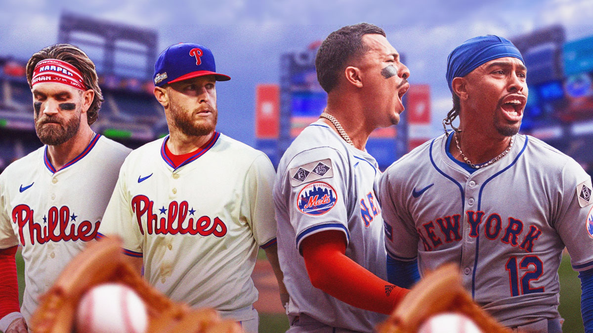 Mets' Mark Vientos and Francisco Lindor looking excited and hyped next to Phillies' Zach Wheeler and Bryce Harper looking disappointed and sad