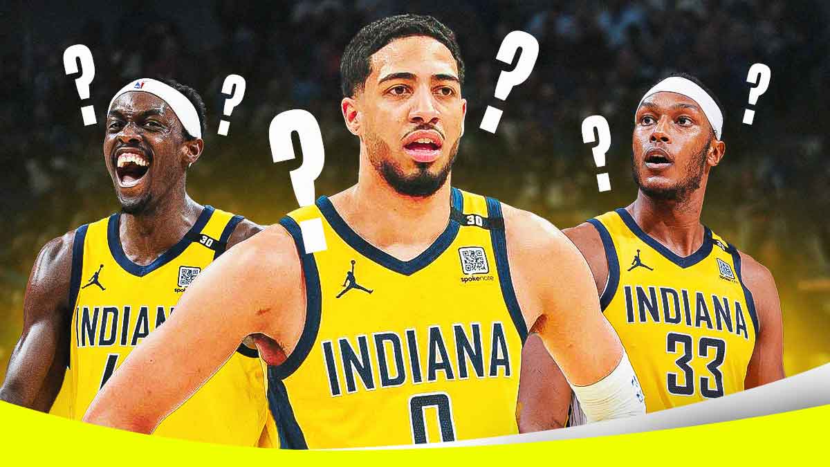 Pacers Tyrese Haliburton, Pacers Myles Turner and Pacers Pascal Siakam in image with question marks everywhere.