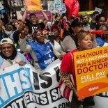 Article thumbnail: LONDON, ENGLAND - SEPTEMBER 20: Striking Junior doctors and consultants organised by the BMA are joined by members of the UNITE trade union, on strike for more pay against the East London NHS Foundation Trust. The members of both trade unions marched around the Royal London Hospital on September 20, 2023 in London, England. In a historic day for the NHS, both consultants and junior doctors unite together to challenge the Government's reluctance to restore pay to 2008 levels in real terms. This stand has prompted the Government to consider "minimum service level" regulations that may potentially require doctors to work during the strikes. (Photo by Guy Smallman/Getty Images)