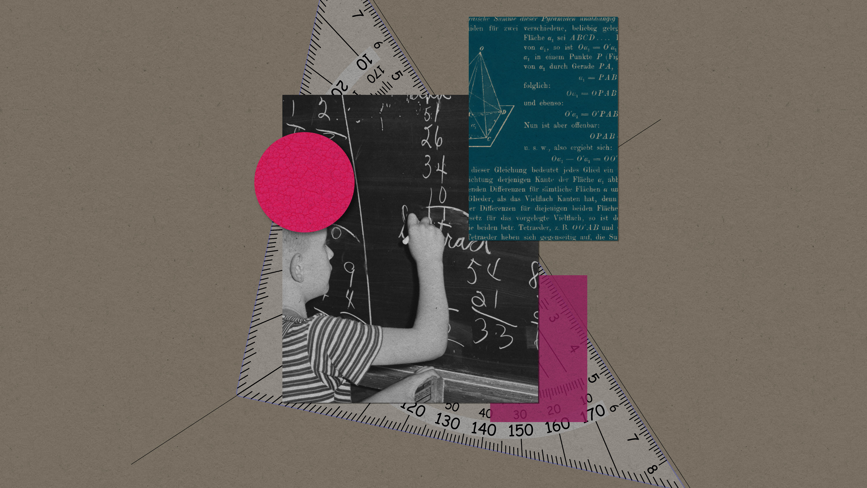 a protractor, a child writing math problems on a blackboard and a German text on geometry