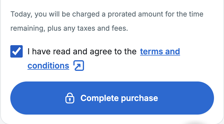 Screenshot of the Modify Plan page in the WP Engine User Portal showing the option to agree to terms and conditions and complete purchase