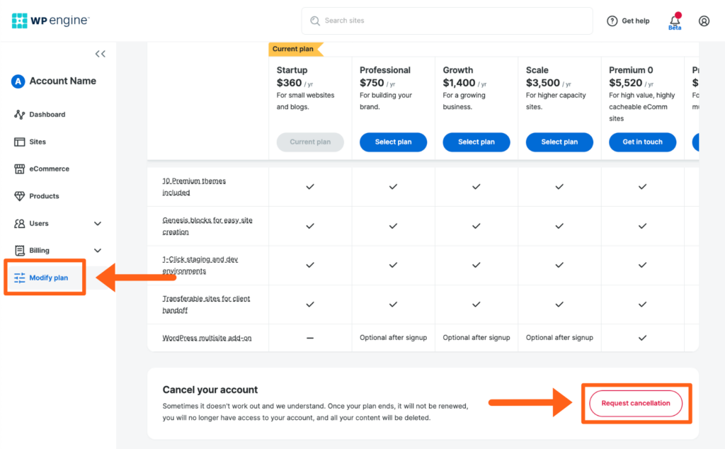 Screenshot of the Modify Plan page in the WP Engine User Portal showing the Request Cancellation button for Shared server plans.