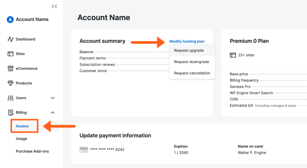 Screenshot of the Invoice page in the WP Engine User Portal showing the link to Modify hosting plan