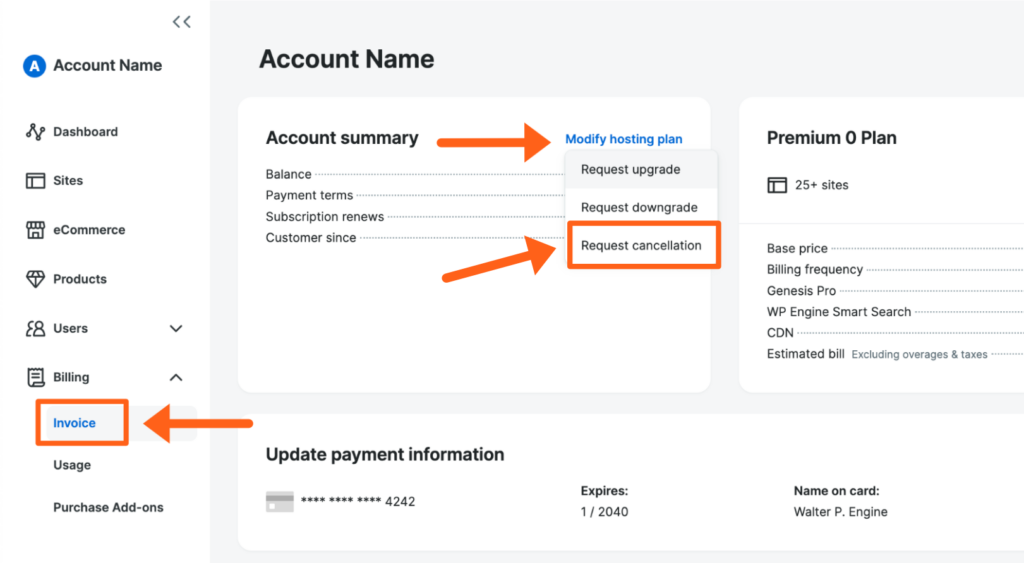 Screenshot of the Invoice page in the WP Engine User Portal showing the link to Request Cancellation