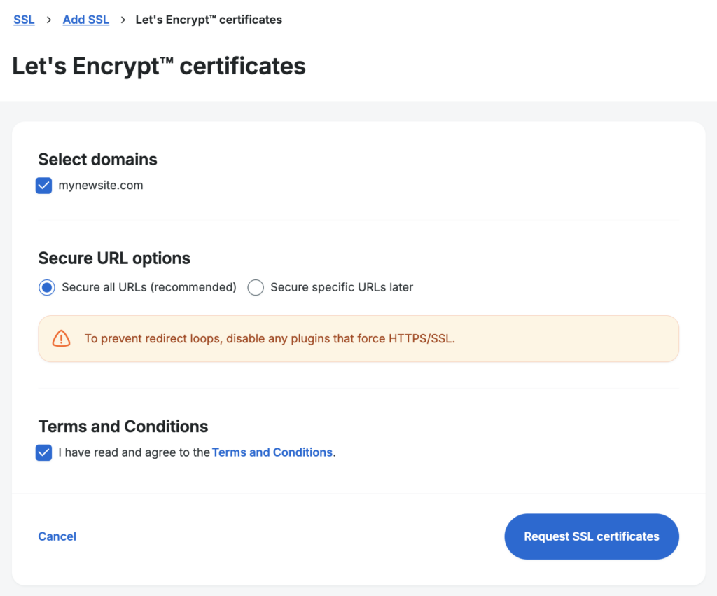 Screenshot of an environment's Let's Encrypt order page in the WP Engine User Portal