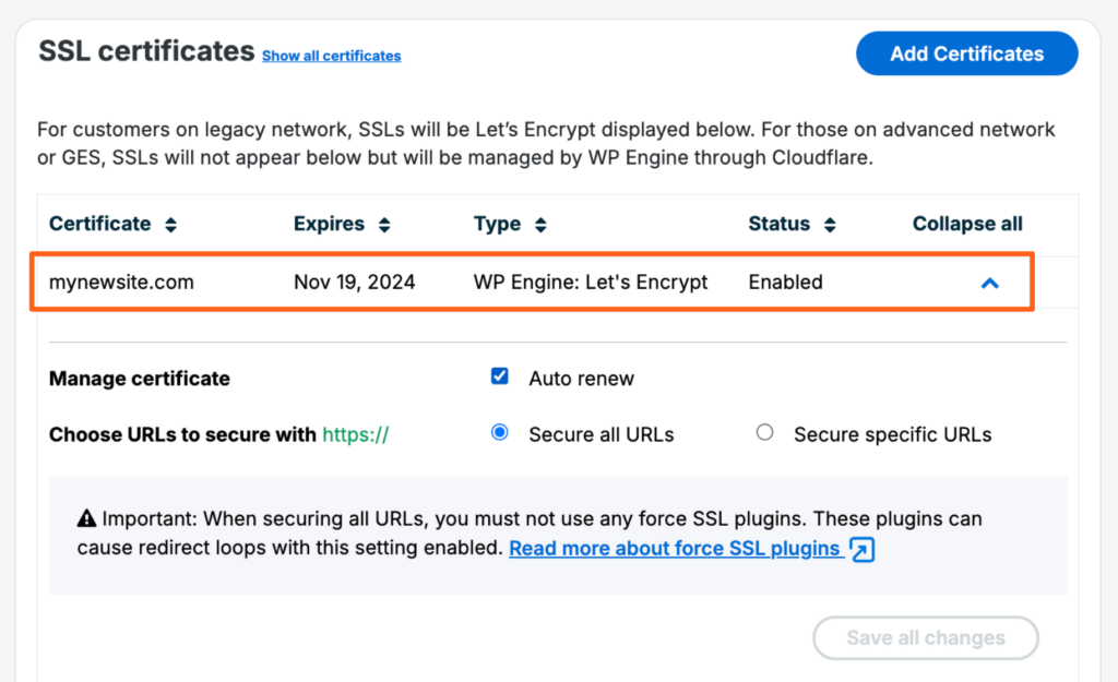 Screenshot of an environment's SSL page in the WP Engine User Portal showing the list of SSLs