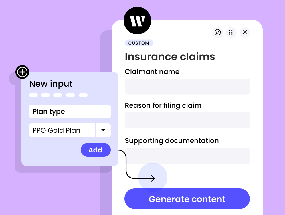 The image describes an insurance claim form. It has fields for claimant name, reason for filing claim, and supporting documentation. There is a button to add more fields and a button to generate content.