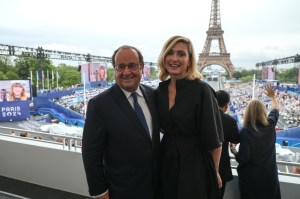 PARIS, FRANCE - JULY 26: Former French President Francois Hollande and his wife French actress and producer Julie Gayet as they attend the opening ceremony of the Paris 2024 Olympic Games on July 26, 2024 in Paris, France. (Photo by Ludovic Marin - Pool/Getty Images)